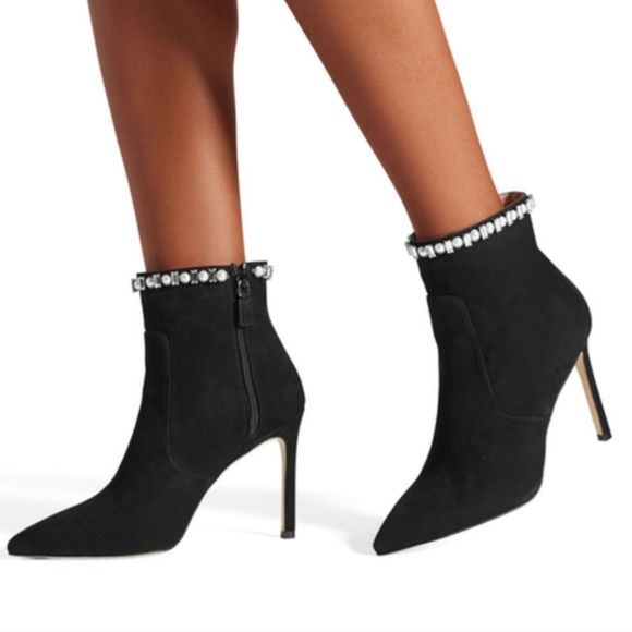 Stuart Weitzman Arista Shine Crystal Pearl Black Suede Ankle Booties Size 8.5B - Picture 2 of 16